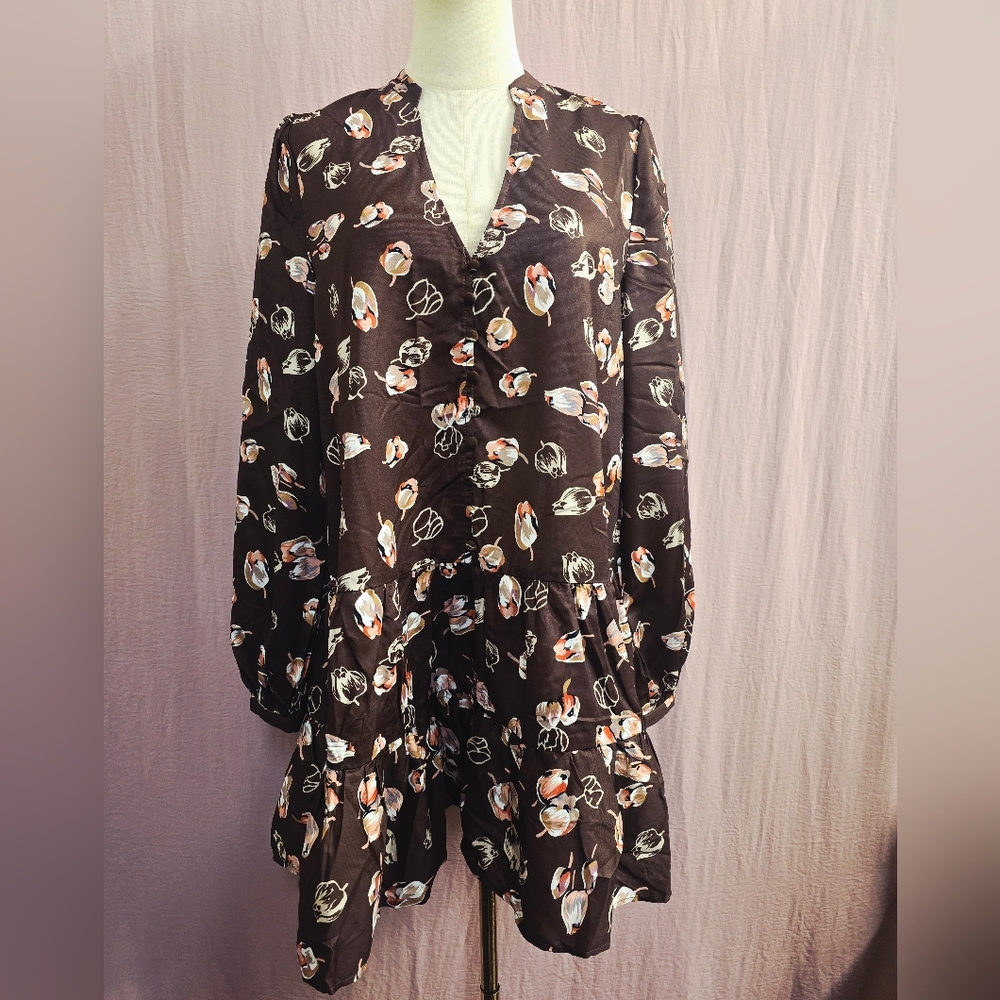 Women's Boho Long Sleeve V-Neck Tired Swing Mini Dress,Brown Floral - Medium Nwt